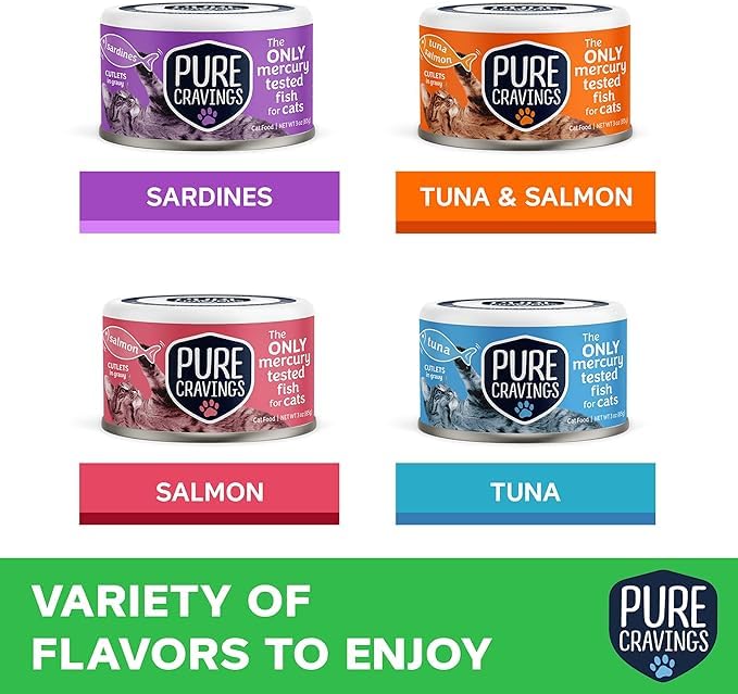 Pure Cravings Wet Cat Food Variety Pack Tuna, Salmon, Sardines, Tuna/Salmon in Gravy, 100% Mercury-Tested, Moist Can Fish for Cats, Grain-Free, Protein, Non-GMO, Pack of 12