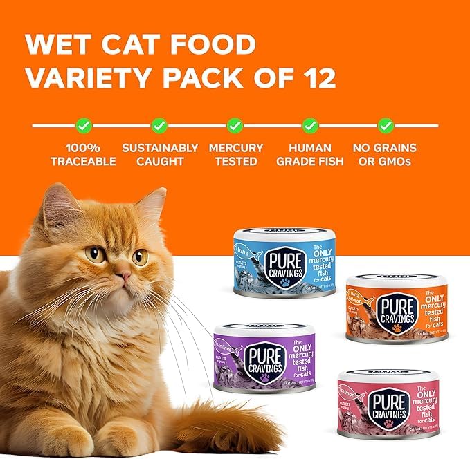 Pure Cravings Wet Cat Food Variety Pack Tuna, Salmon, Sardines, Tuna/Salmon in Gravy, 100% Mercury-Tested, Moist Can Fish for Cats, Grain-Free, Protein, Non-GMO, Pack of 12