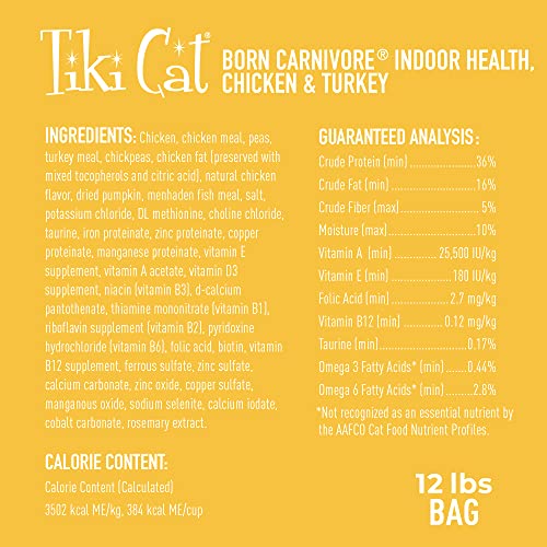 Tiki Cat Born Carnivore Indoor Health, Chicken & Turkey Meal, Grain-Free Baked Kibble to Maximize Nutrients, Dry Cat Food, 12 lbs. Bag