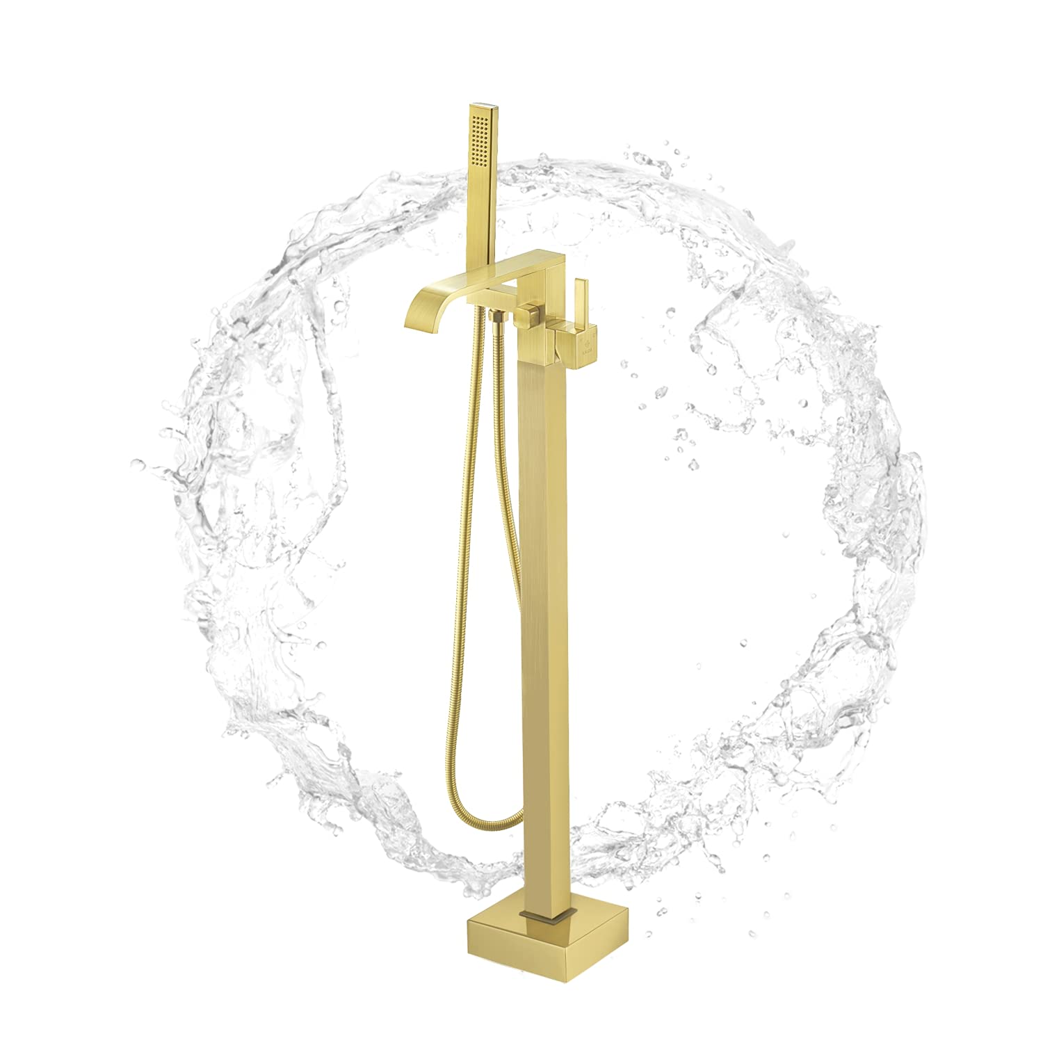 Kalog Single Handle Freestanding Tub Filler Floor Mount Bathtub Faucet with Square Handheld Shower (Brushed Gold-F)