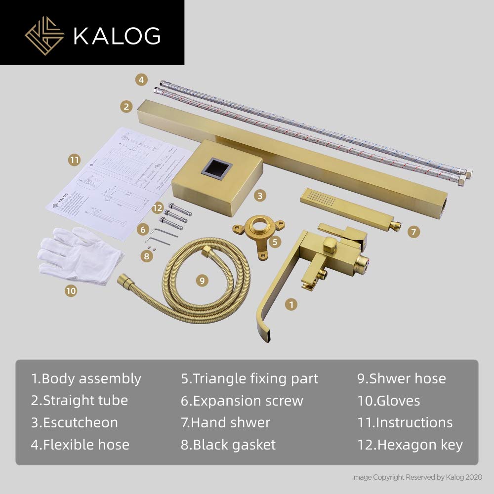 Kalog Single Handle Freestanding Tub Filler Floor Mount Bathtub Faucet with Square Handheld Shower (Brushed Gold-F)