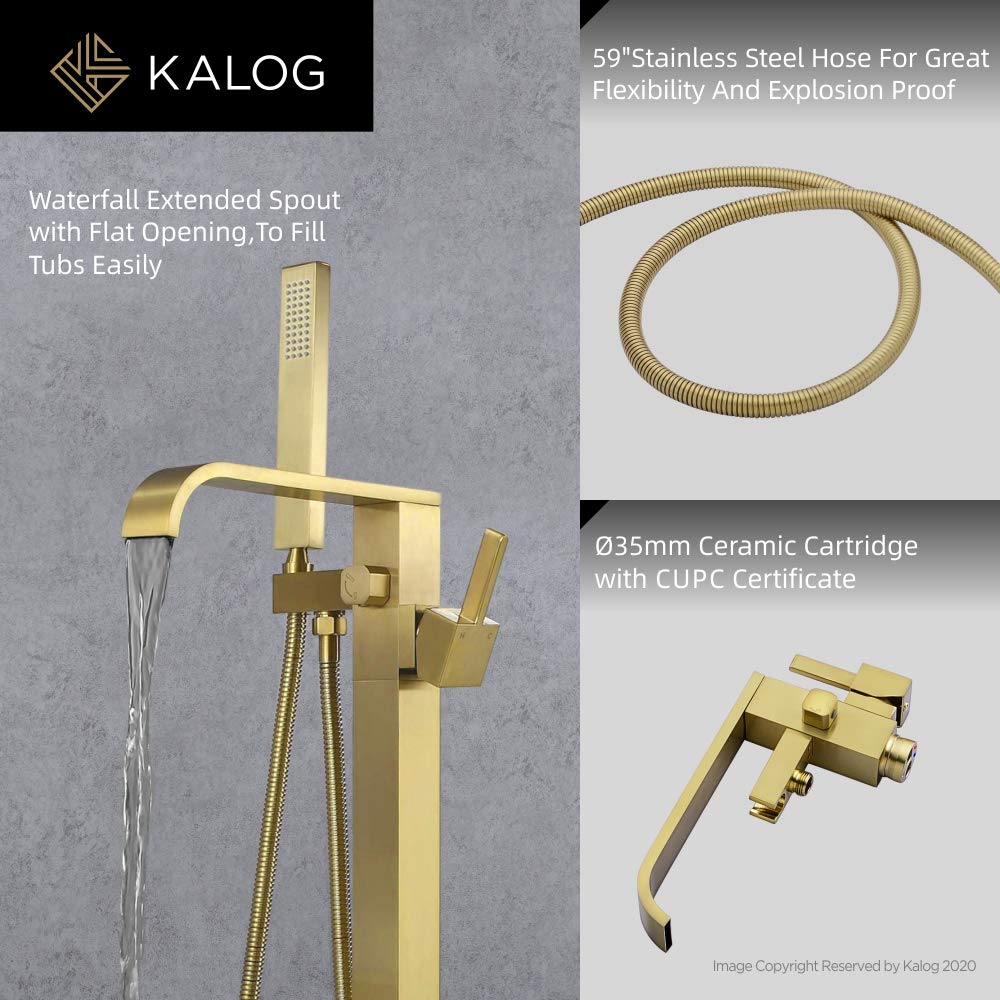 Kalog Single Handle Freestanding Tub Filler Floor Mount Bathtub Faucet with Square Handheld Shower (Brushed Gold-F)