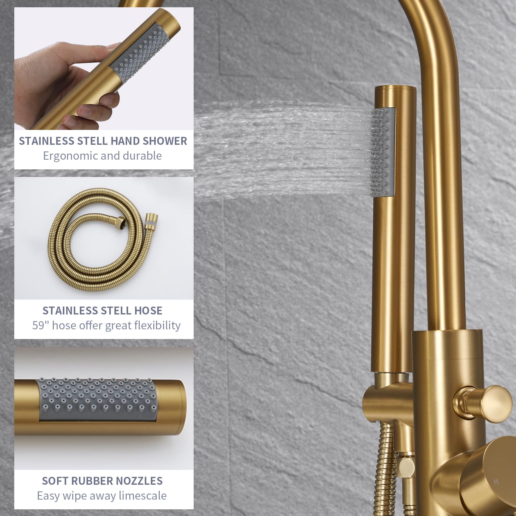 TapLong Brushed Gold Floor Mounted Tub Filler Shower Faucet Freestanding Bathtub Faucet with Hand shower High Flow Rate Max 6 GPM-51015BG