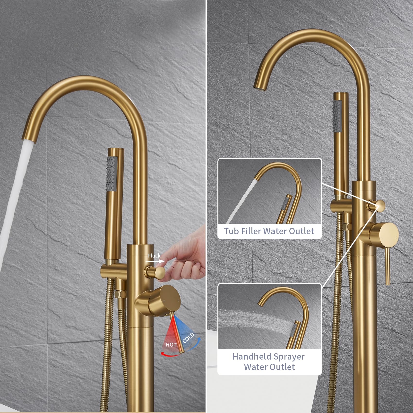 TapLong Brushed Gold Floor Mounted Tub Filler Shower Faucet Freestanding Bathtub Faucet with Hand shower High Flow Rate Max 6 GPM-51015BG