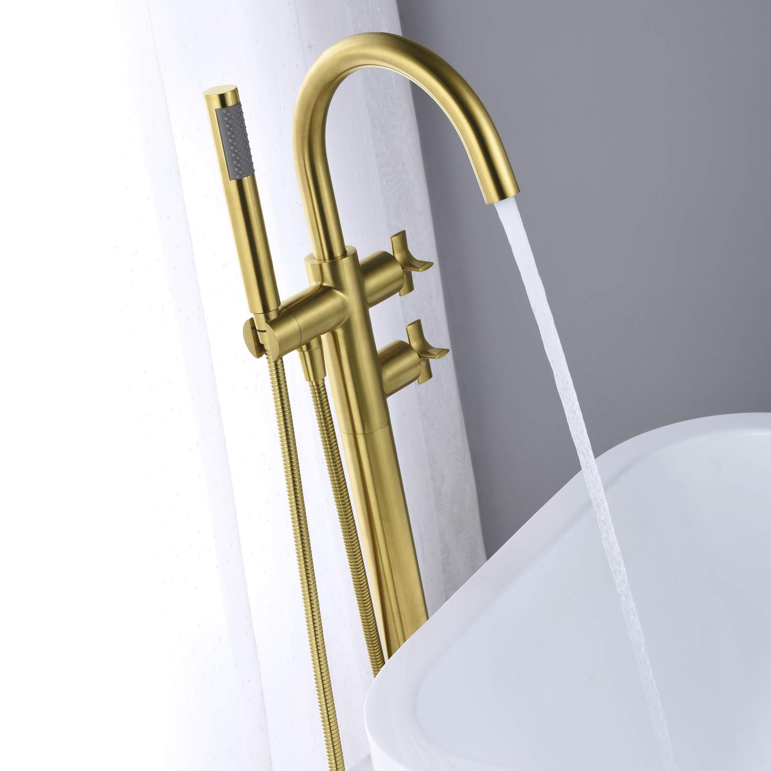 Artiqua Freestanding Tub Filler Bathtub Faucet Brushed Gold Floor Mount Brass Bathroom Faucets with Hand Shower