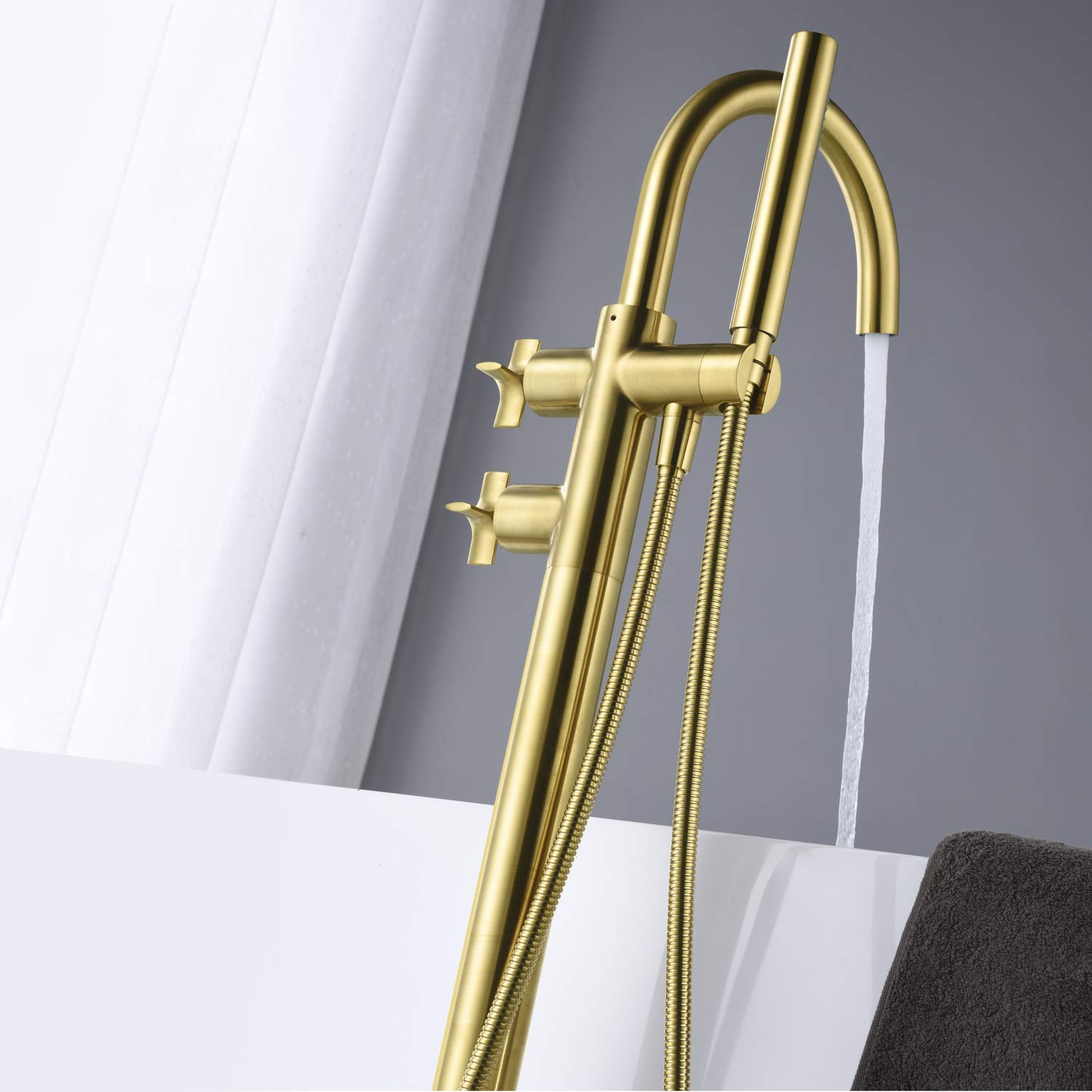 Artiqua Freestanding Tub Filler Bathtub Faucet Brushed Gold Floor Mount Brass Bathroom Faucets with Hand Shower