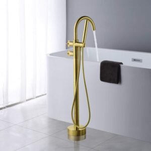 Artiqua Freestanding Tub Filler Bathtub Faucet Brushed Gold Floor Mount Brass Bathroom Faucets with Hand Shower