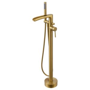 wowkk waterfall freestanding bathtub faucet brushed gold floor mount tub filler brass single handle bathroom faucets with hand shower