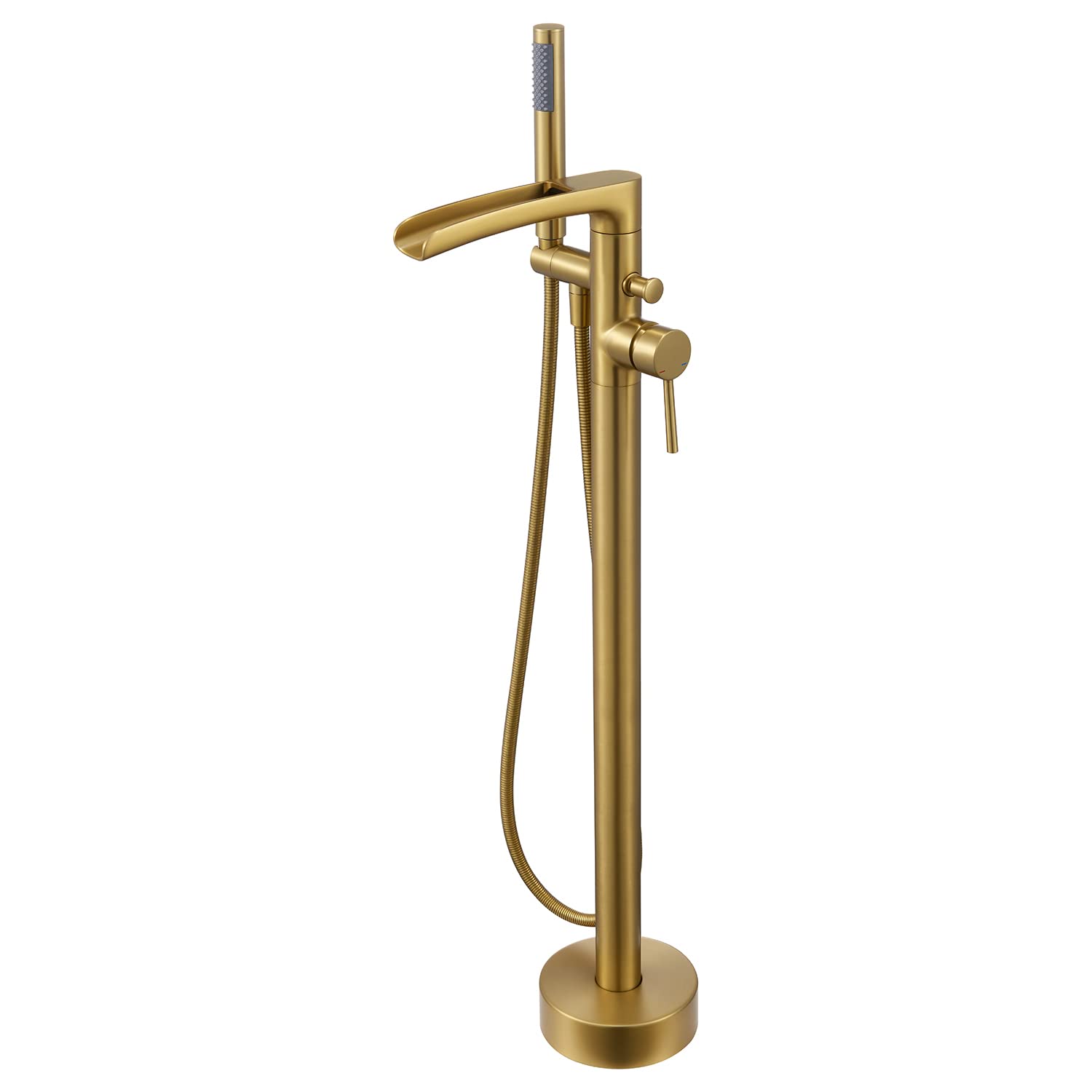 Wowkk Waterfall Freestanding Bathtub Faucet Brushed Gold Floor Mount Tub Filler Brass Single Handle Bathroom Faucets with Hand Shower