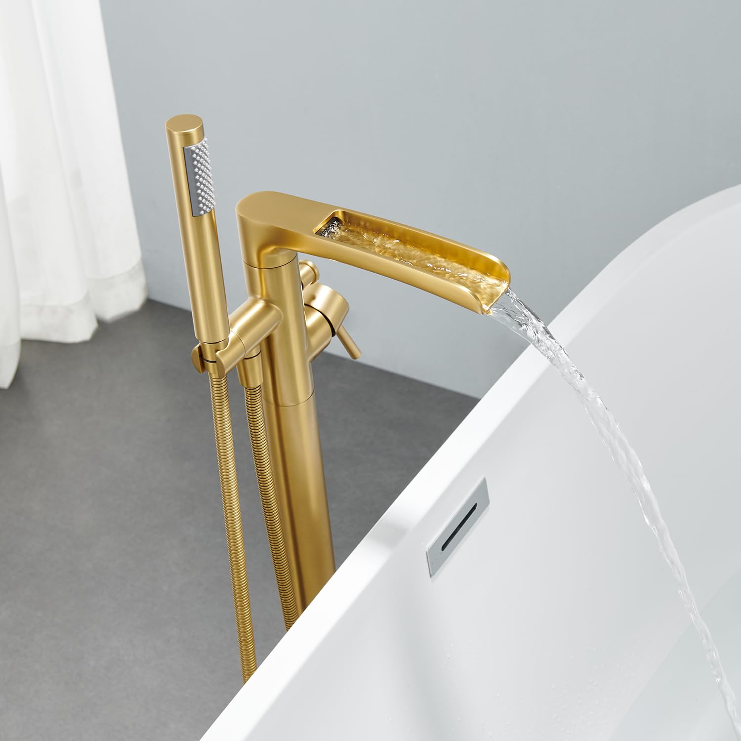 Wowkk Waterfall Freestanding Bathtub Faucet Brushed Gold Floor Mount Tub Filler Brass Single Handle Bathroom Faucets with Hand Shower