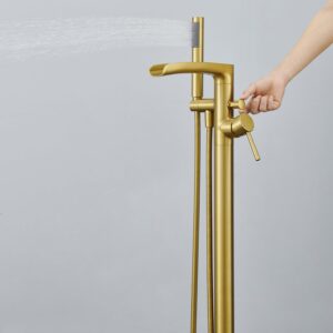 Wowkk Waterfall Freestanding Bathtub Faucet Brushed Gold Floor Mount Tub Filler Brass Single Handle Bathroom Faucets with Hand Shower