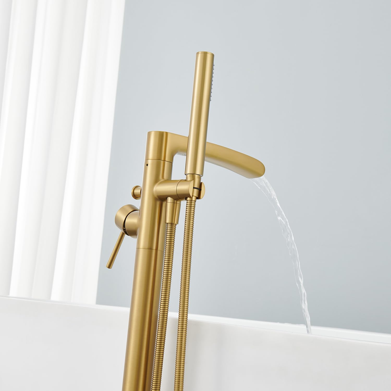 Wowkk Waterfall Freestanding Bathtub Faucet Brushed Gold Floor Mount Tub Filler Brass Single Handle Bathroom Faucets with Hand Shower