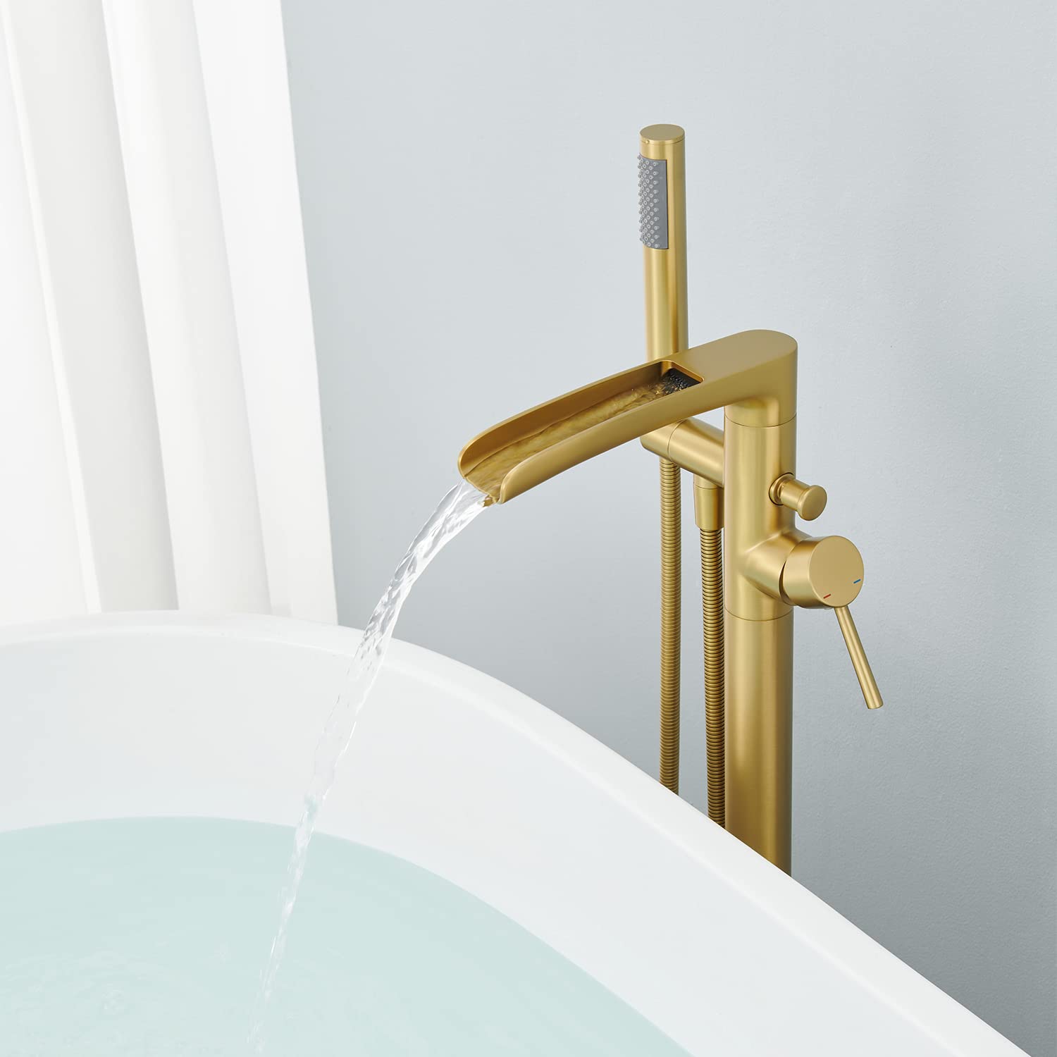 Wowkk Waterfall Freestanding Bathtub Faucet Brushed Gold Floor Mount Tub Filler Brass Single Handle Bathroom Faucets with Hand Shower