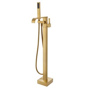 Artiqua Freestanding Bathtub Faucet Tub Filler Brushed Gold Floor Mount Faucets Brass Single Handle with Hand Shower