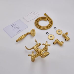 Hanallx Clawfoot Tub Faucet Wall Mount Tub Filler Brushed Gold Vintage Bathtub Faucets Brass with Telephone Shaped Handheld Shower