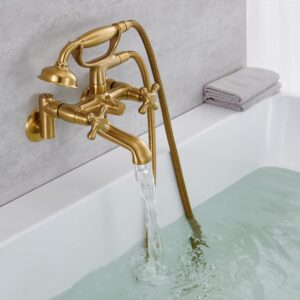 Hanallx Clawfoot Tub Faucet Wall Mount Tub Filler Brushed Gold Vintage Bathtub Faucets Brass with Telephone Shaped Handheld Shower