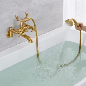 Hanallx Clawfoot Tub Faucet Wall Mount Tub Filler Brushed Gold Vintage Bathtub Faucets Brass with Telephone Shaped Handheld Shower