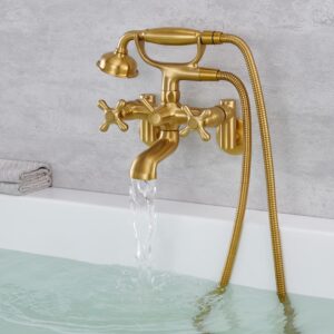 Hanallx Clawfoot Tub Faucet Wall Mount Tub Filler Brushed Gold Vintage Bathtub Faucets Brass with Telephone Shaped Handheld Shower