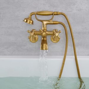 Hanallx Clawfoot Tub Faucet Wall Mount Tub Filler Brushed Gold Vintage Bathtub Faucets Brass with Telephone Shaped Handheld Shower