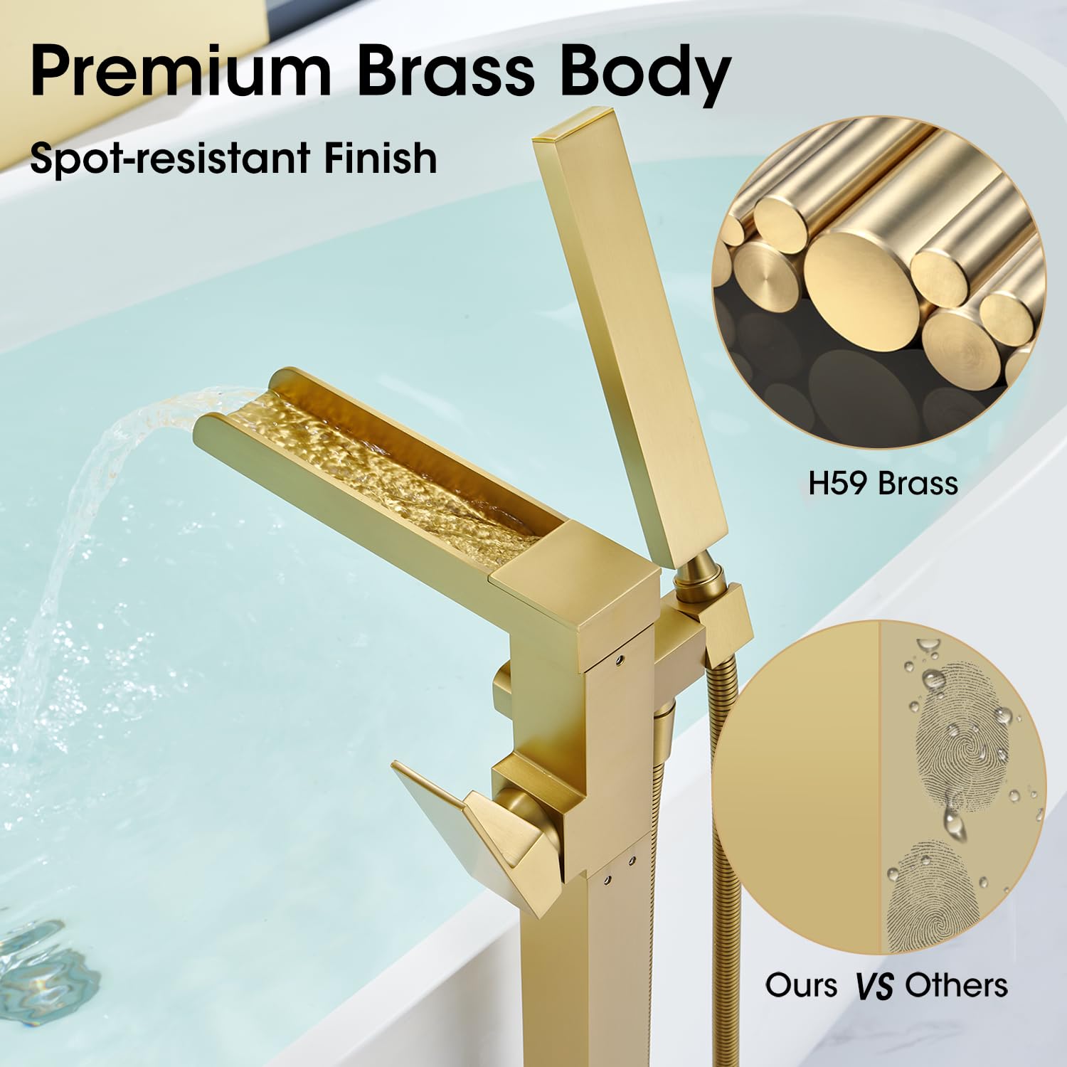 Wintap Freestanding Bathtub Faucet,Floor Mount Tub Filler High Flow Waterfall Bath Filler,Brushed Gold Tub Faucets with Hand Shower