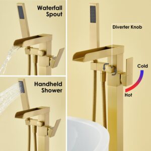 Wintap Freestanding Bathtub Faucet,Floor Mount Tub Filler High Flow Waterfall Bath Filler,Brushed Gold Tub Faucets with Hand Shower