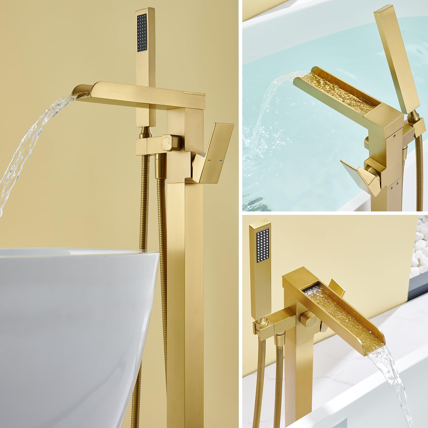 Wintap Freestanding Bathtub Faucet,Floor Mount Tub Filler High Flow Waterfall Bath Filler,Brushed Gold Tub Faucets with Hand Shower