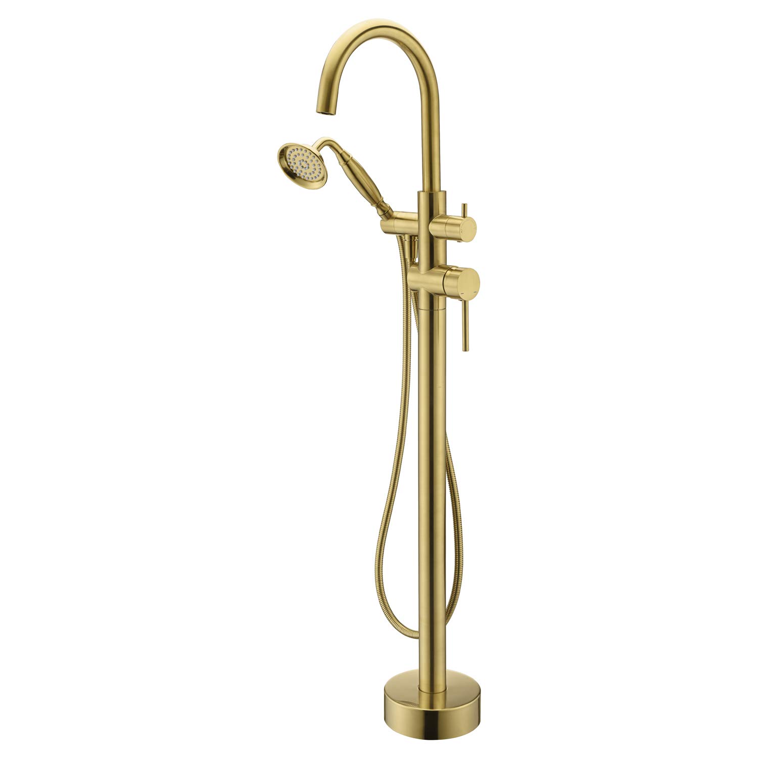 Wowkk Tub Filler Freestanding Bathtub Faucet Brushed Gold Floor Mounted Brass Bathroom Tub Faucets with Hand Shower