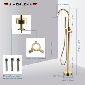 Freestanding Bathtub Faucet Brushed Gold Floor Mount Tub Filler with Single Handle, Free Standing Tub Faucet with Swivel Tub Spout, Modern Tub Shower Faucet with Hand Shower 59〞 Shower Hose JIAENLEMA