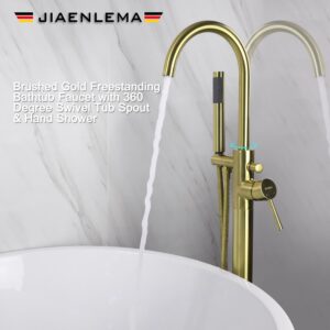 Freestanding Bathtub Faucet Brushed Gold Floor Mount Tub Filler with Single Handle, Free Standing Tub Faucet with Swivel Tub Spout, Modern Tub Shower Faucet with Hand Shower 59〞 Shower Hose JIAENLEMA