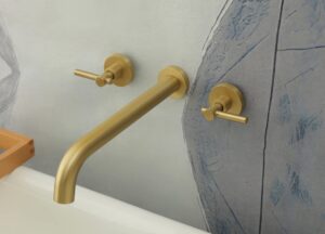 wall mount tub filler,two handle bathtub wall faucet,extra long spout reach with high water flow,brass rough in valve included, gold brushed