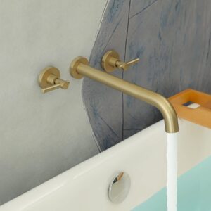 Wall Mount Tub Filler,Two Handle Bathtub Wall Faucet,Extra Long Spout Reach with High Water Flow,Brass Rough in Valve Included, Gold Brushed