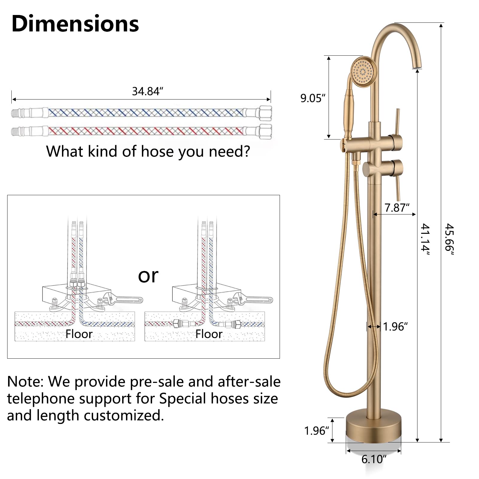 PROOX Freestanding Bathtub Faucet Floor Mounted, High Flow Free Standing Tub Filler with Hand Sprayer, Swivel Spout - Brushed Gold