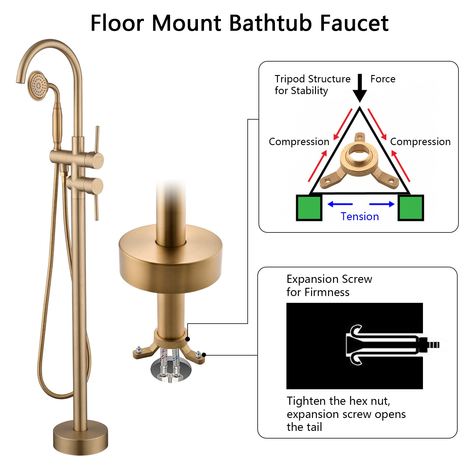 PROOX Freestanding Bathtub Faucet Floor Mounted, High Flow Free Standing Tub Filler with Hand Sprayer, Swivel Spout - Brushed Gold