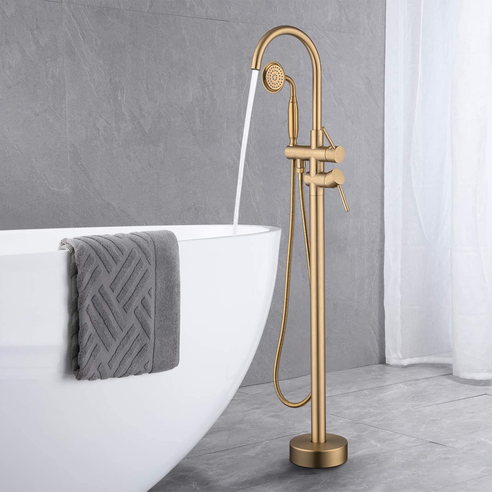 PROOX Freestanding Bathtub Faucet Floor Mounted, High Flow Free Standing Tub Filler with Hand Sprayer, Swivel Spout - Brushed Gold