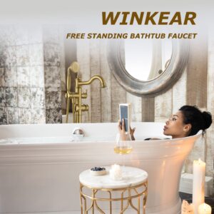 WINKEAR Freestanding Floor Mount Tub Filler with Handheld Shower Roman Bathtub Faucet by Brushed Gold Finish, Swivel Spout with Brass Rough-in and Water Hose