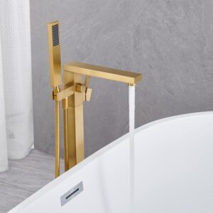 Wowkk Freestanding Bathtub Faucet Tub Filler Brushed Gold Floor Mount Bathroom Faucets Brass Single Handle with Hand Shower