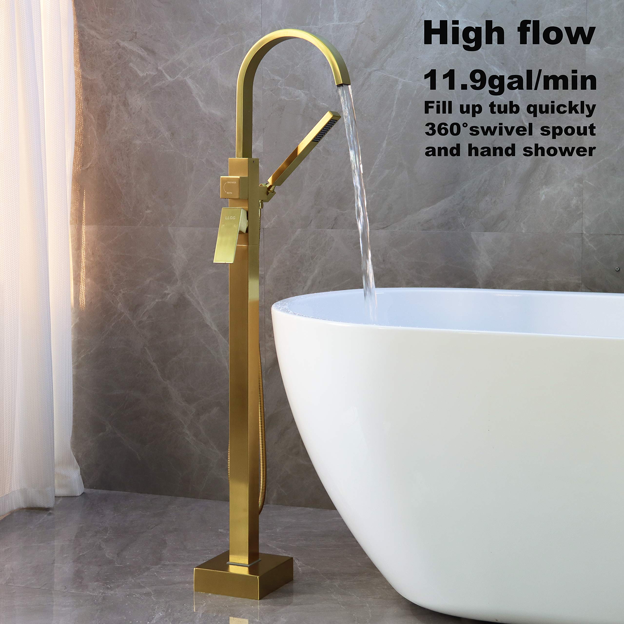 LLGG Freestanding Tub Faucets Brushed Gold Bathtub Fillers Floor Mounted Mount Faucet Filler For Bathtubs Tubs High Flow 11.9GPM Bathroom With Handheld Shower