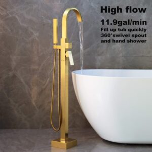 LLGG Freestanding Tub Faucets Brushed Gold Bathtub Fillers Floor Mounted Mount Faucet Filler For Bathtubs Tubs High Flow 11.9GPM Bathroom With Handheld Shower