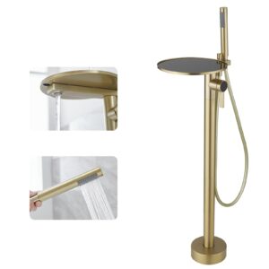 Homevacious Freestanding Bathtub Faucet Brushed Gold Floor Mount Tub Filler Single Handle Brass Bathroom Free Standing Bathtub Faucet with Handheld Shower and Shelf