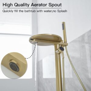 Homevacious Freestanding Bathtub Faucet Brushed Gold Floor Mount Tub Filler Single Handle Brass Bathroom Free Standing Bathtub Faucet with Handheld Shower and Shelf