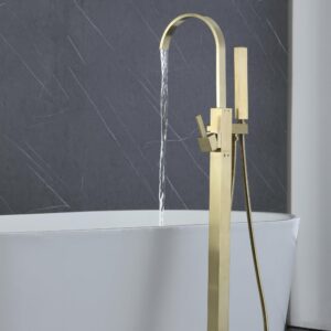 Waterfall Floor Mount Freestanding Bathtub Faucet Brushed Gold Single Handle Freestanding Tub Faucet Brass Tub Filler Tub Shower Faucet with Hand Shower 59in Hose Bathtub & Shower Systems JIAENLEMA