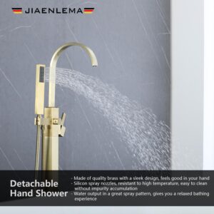 Waterfall Floor Mount Freestanding Bathtub Faucet Brushed Gold Single Handle Freestanding Tub Faucet Brass Tub Filler Tub Shower Faucet with Hand Shower 59in Hose Bathtub & Shower Systems JIAENLEMA