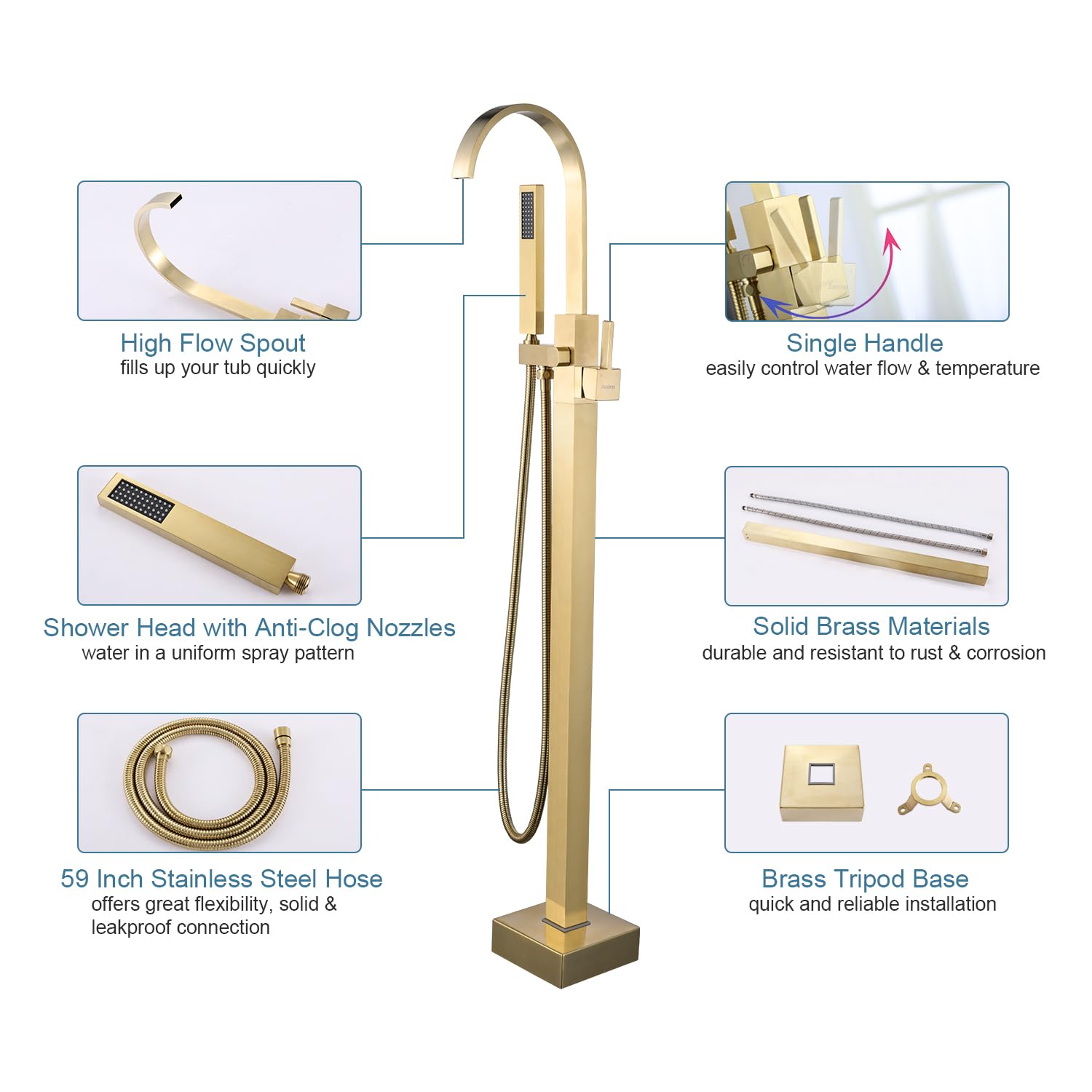 Waterfall Floor Mount Freestanding Bathtub Faucet Brushed Gold Single Handle Freestanding Tub Faucet Brass Tub Filler Tub Shower Faucet with Hand Shower 59in Hose Bathtub & Shower Systems JIAENLEMA