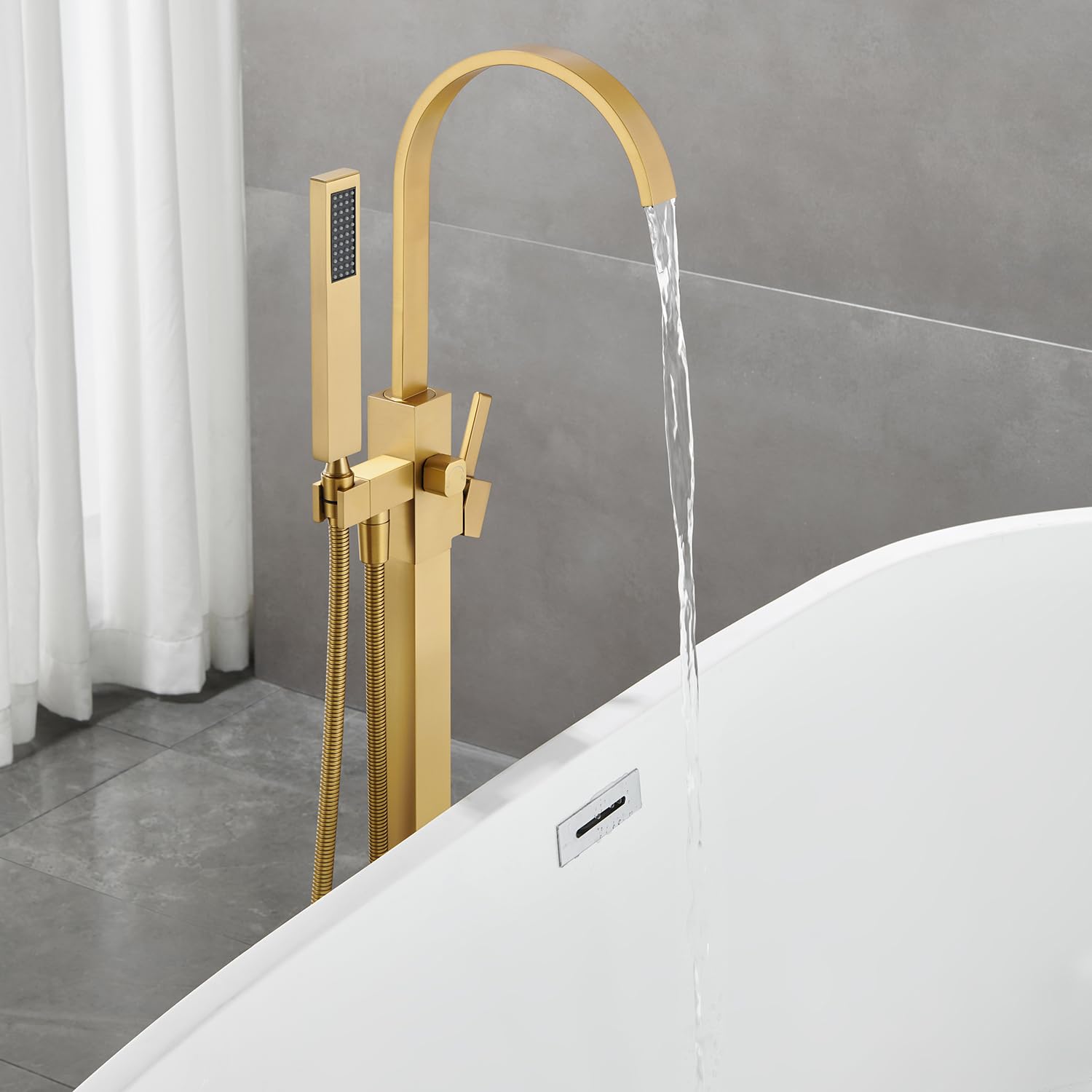 Artiqua Freestanding Bathtub Faucet Floor Mount Tub Filler Brushed Gold Brass Bathroom Faucets Single Handle with Hand Shower