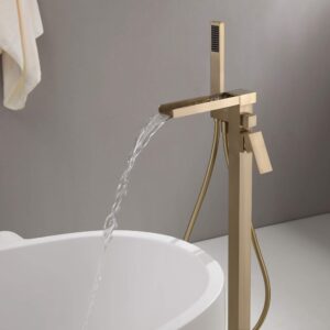 JiaYouJia Waterfall Freestanding Bathtub Faucet Brushed Gold Floor Mount Tub Filler Solid Brass Single Handle Bathroom Faucet with Hand Shower