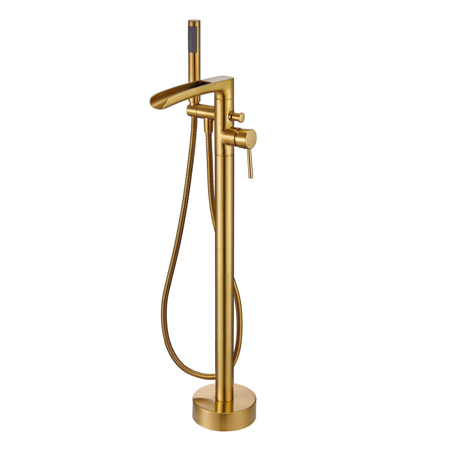 Qinkell Freestanding Tub Faucet Waterfall Bathtub Filler Brushed Gold Floor Mount Brass Bathroom Faucets with Hand Shower