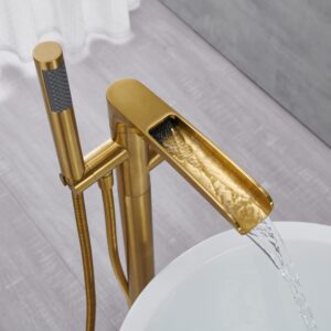 Qinkell Freestanding Tub Faucet Waterfall Bathtub Filler Brushed Gold Floor Mount Brass Bathroom Faucets with Hand Shower