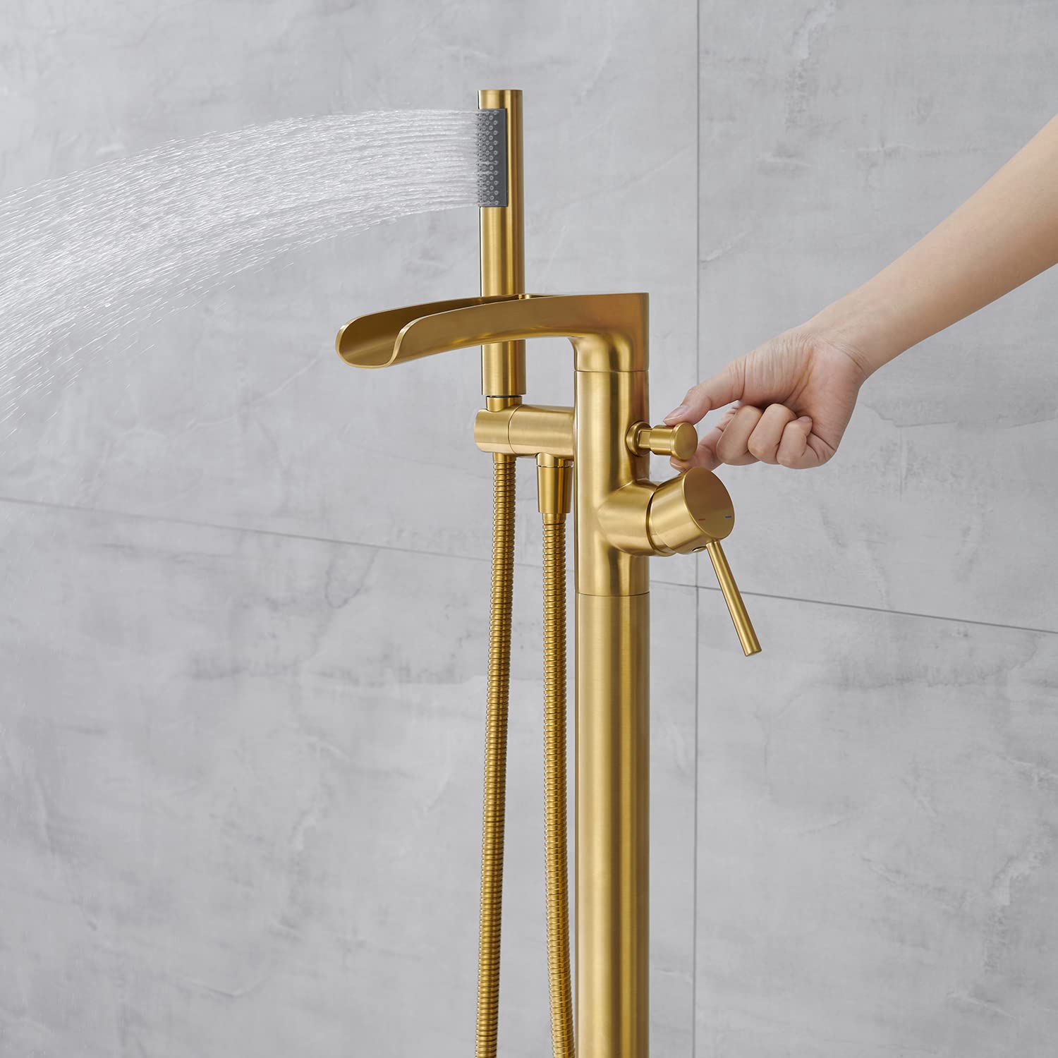 Qinkell Freestanding Tub Faucet Waterfall Bathtub Filler Brushed Gold Floor Mount Brass Bathroom Faucets with Hand Shower