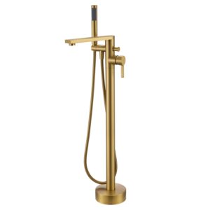 wowkk freestanding bathtub faucet tub filler brushed gold floor mount brass single handle bathroom faucets with hand shower