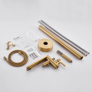 Wowkk Freestanding Bathtub Faucet Tub Filler Brushed Gold Floor Mount Brass Single Handle Bathroom Faucets with Hand Shower